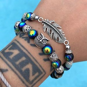 Owl leaf bracelets . Onyx amazonite rainbow beads owl leaf boho set bracelets